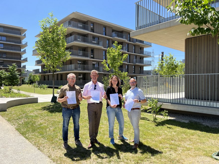 IMMOVATE Projektleiter Hannes Url, ARE Geschäftsführer Gerald Beck, Projektmanagerin Ulrike Steibl und Projektleiter Jürgen Stradner