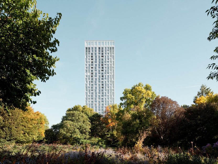 VIENNA TWENTYTWO Living Ansicht Turm aus Park